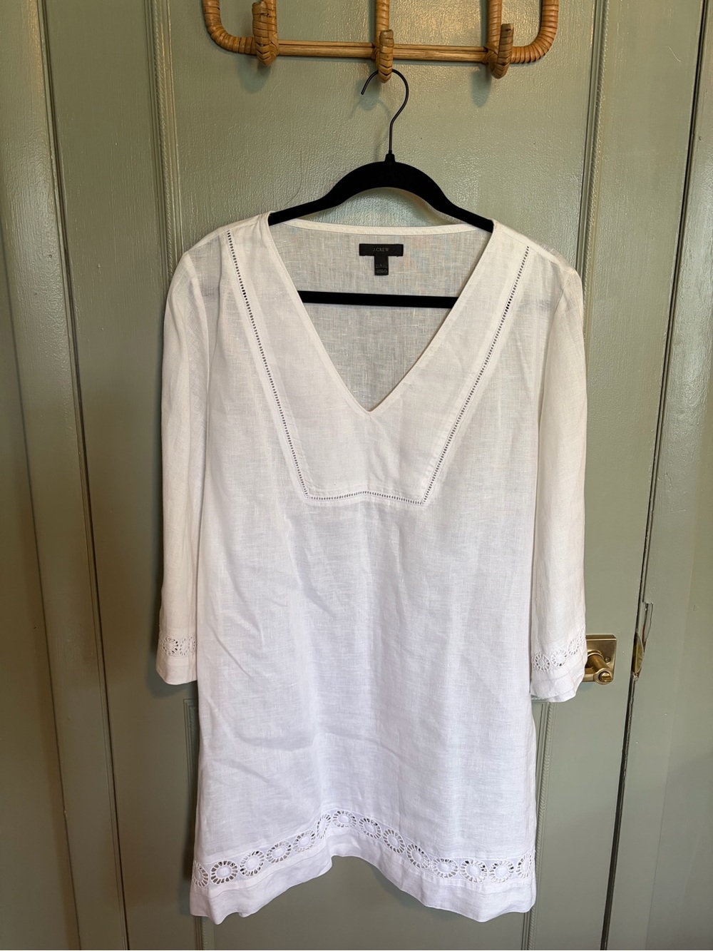 J. Crew White Linen V-Neck Tunic with Eyelet Trim